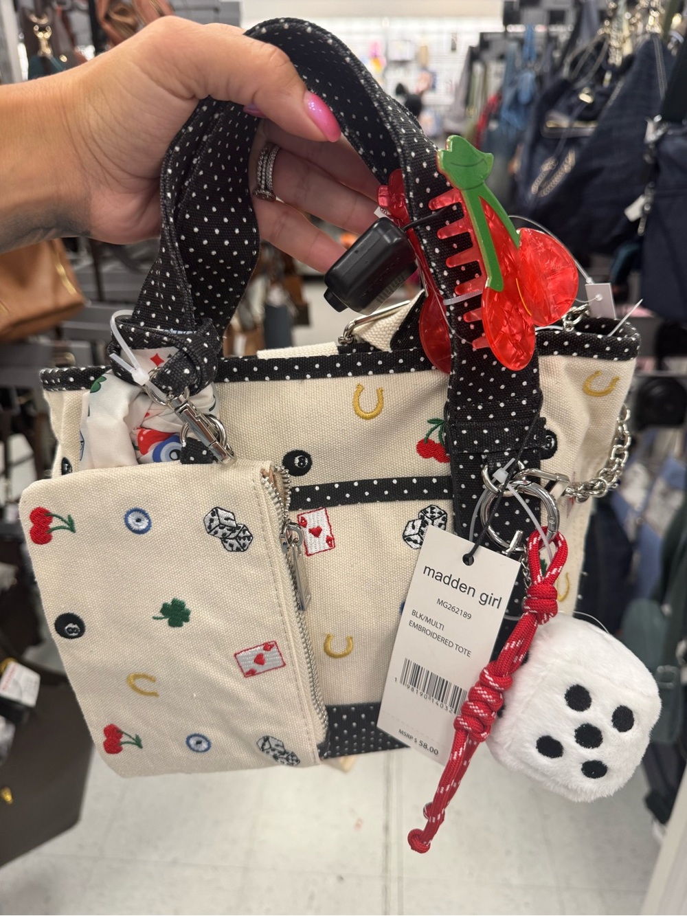 Madden Girl Cream Embroidered Tote with Black Polka Trim and Red Dice Charm